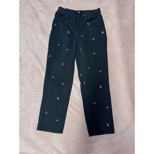 PacSun High Rise Straight Leg Jeans Black Pink Rose Embroidered Button Fly 27